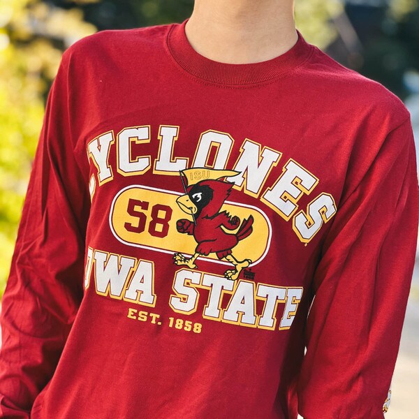 Champion Pennant Cy Cyclones Cardinal Long Sleeve T-Shirt | ISU Book Store (Was $34.99)